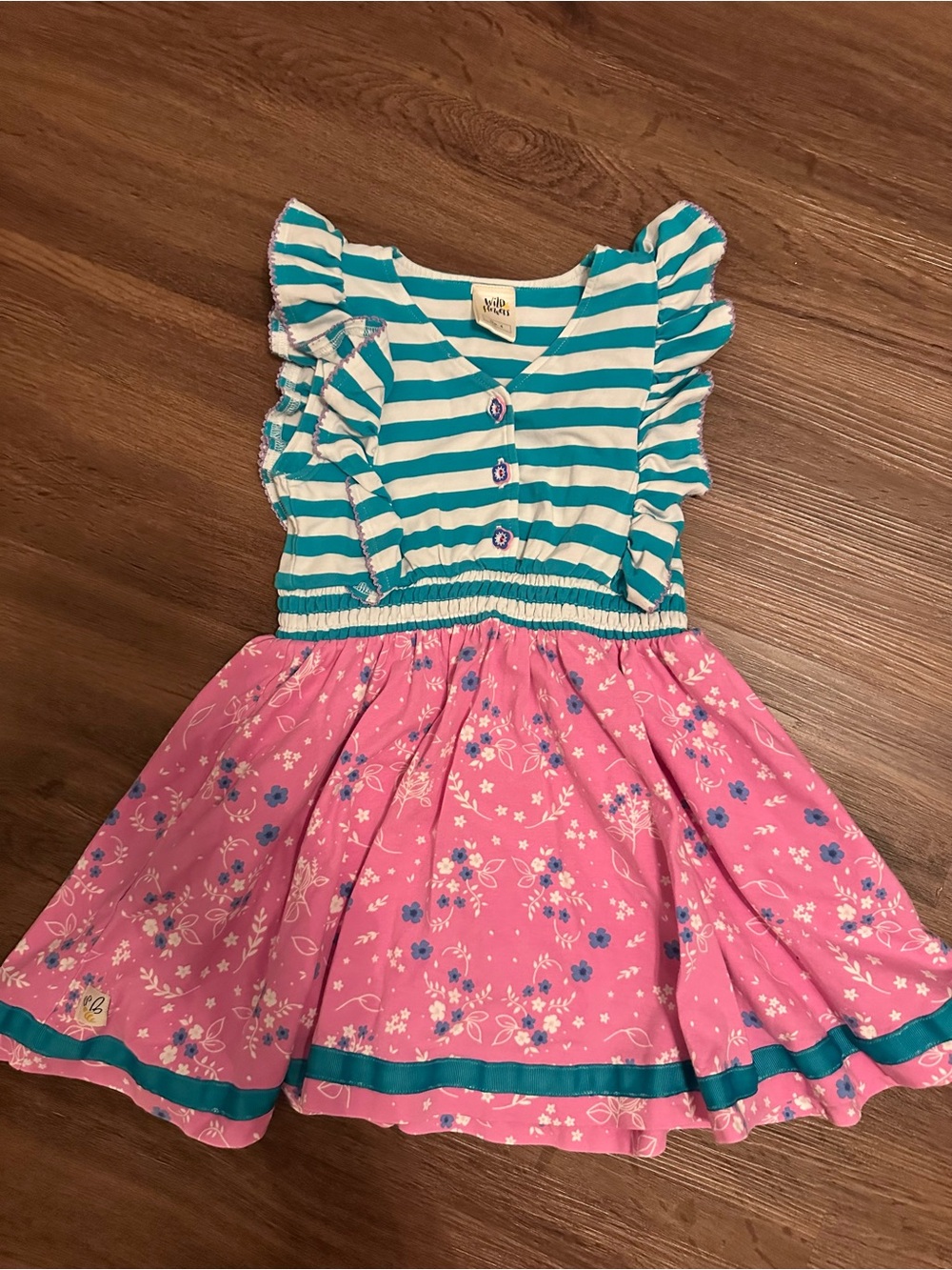Wildflowers Pink Floral Skirt with Teal & White Striped Bodice Dress